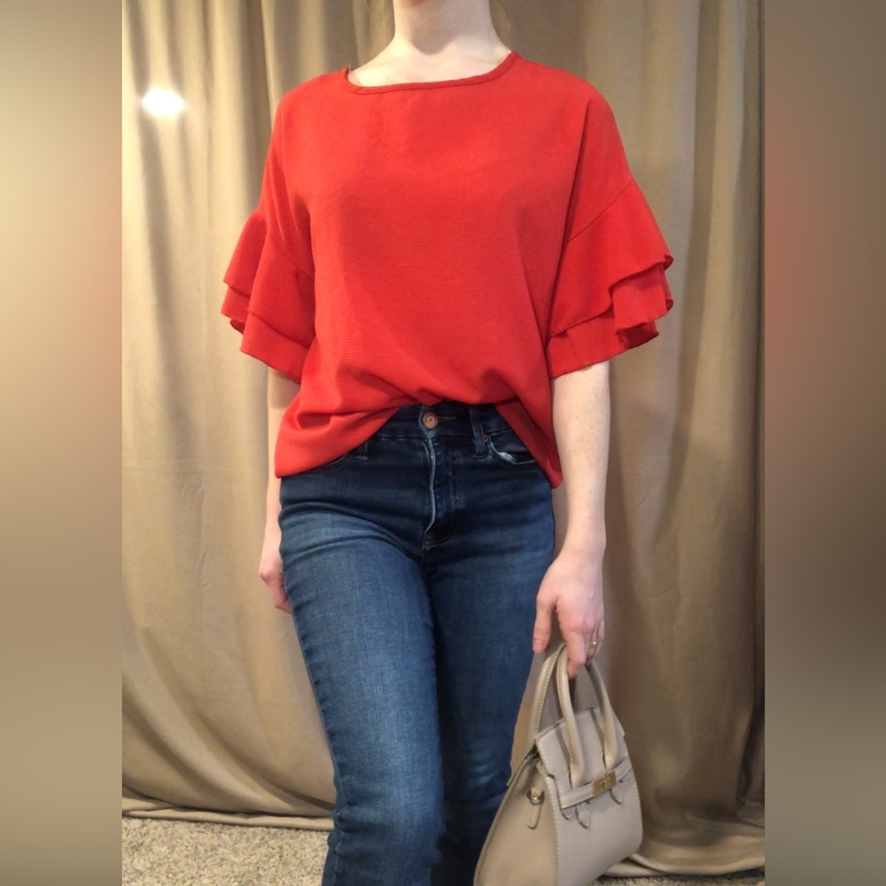 Nice red top. Ruffle sleeves. Small. Valentine’s Day look. Brand; Papaya